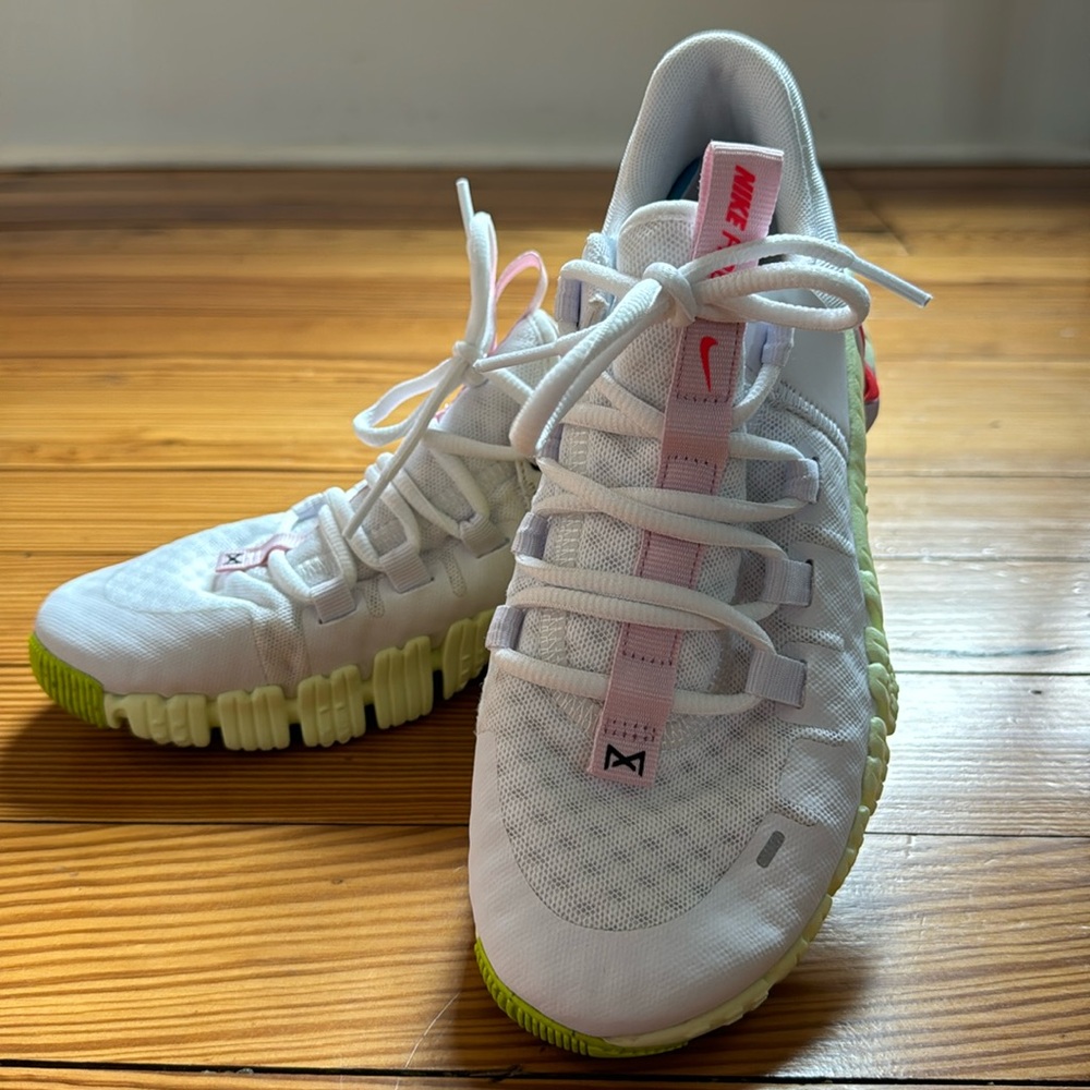 Nike free.  White w lime green accent and a touch of pink